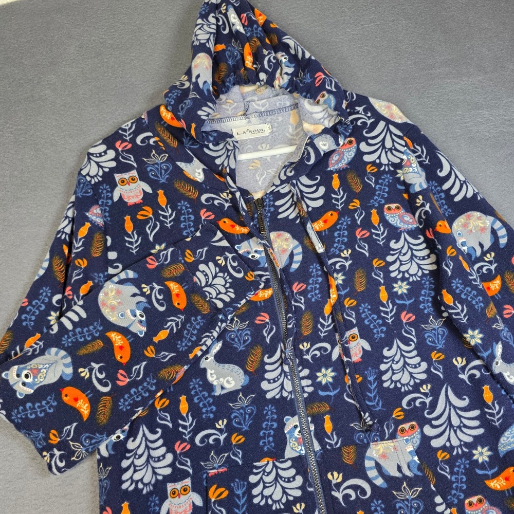 LA Soul Zip Up Hoodie Women Medium Navy Blue Animal Print Folk Art